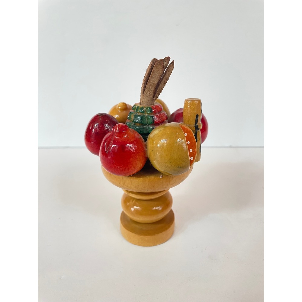 Vintage Miniature Wooden Fruit Bowl Figurine Hand Painted Folk Art Decor